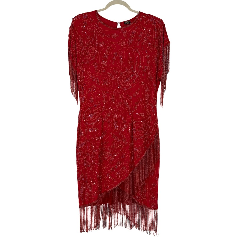 Vintage Red 100% Silk Beaded‎ Sequin Fringe Flapper Cocktail Dress